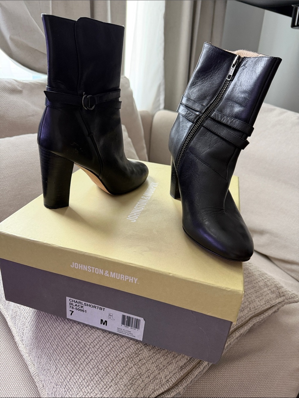 Johnston & Murphy Black Leather Mid-Calf Zip Heel Boots with Strap
